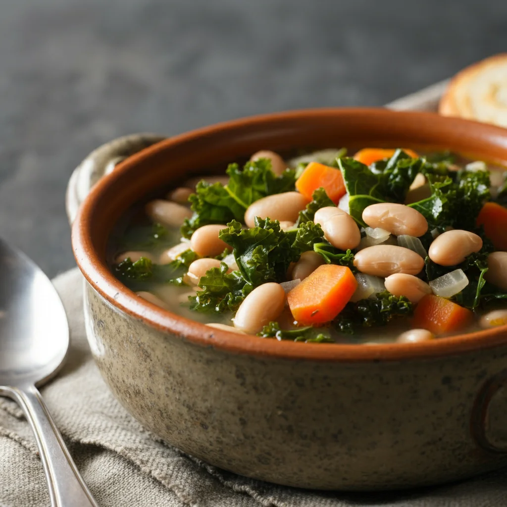 A rustic bowl of Weight Watchers Hearty Tuscan White Bean Soup filled with tender white beans, kale, diced carrots, and a creamy broth, topped with a sprinkle of parmesan cheese. A spoon is held above the bowl, showcasing a spoonful of soup, while a piece of crusty bread rests on the side, adding a cozy, homemade touch. The scene is set on a wooden table, creating a warm and inviting atmosphere.