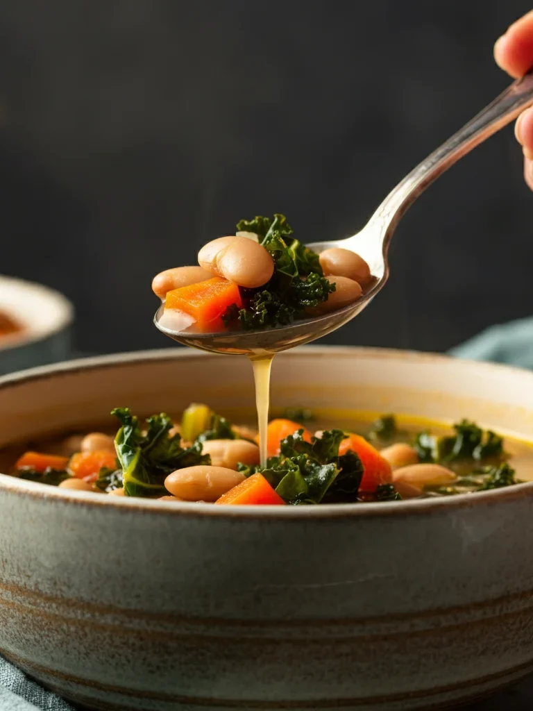 A rustic bowl of Weight Watchers Hearty Tuscan White Bean Soup filled with tender white beans, kale, diced carrots, and a creamy broth, topped with a sprinkle of parmesan cheese. A spoon is held above the bowl, showcasing a spoonful of soup, while a piece of crusty bread rests on the side, adding a cozy, homemade touch. The scene is set on a wooden table, creating a warm and inviting atmosphere.