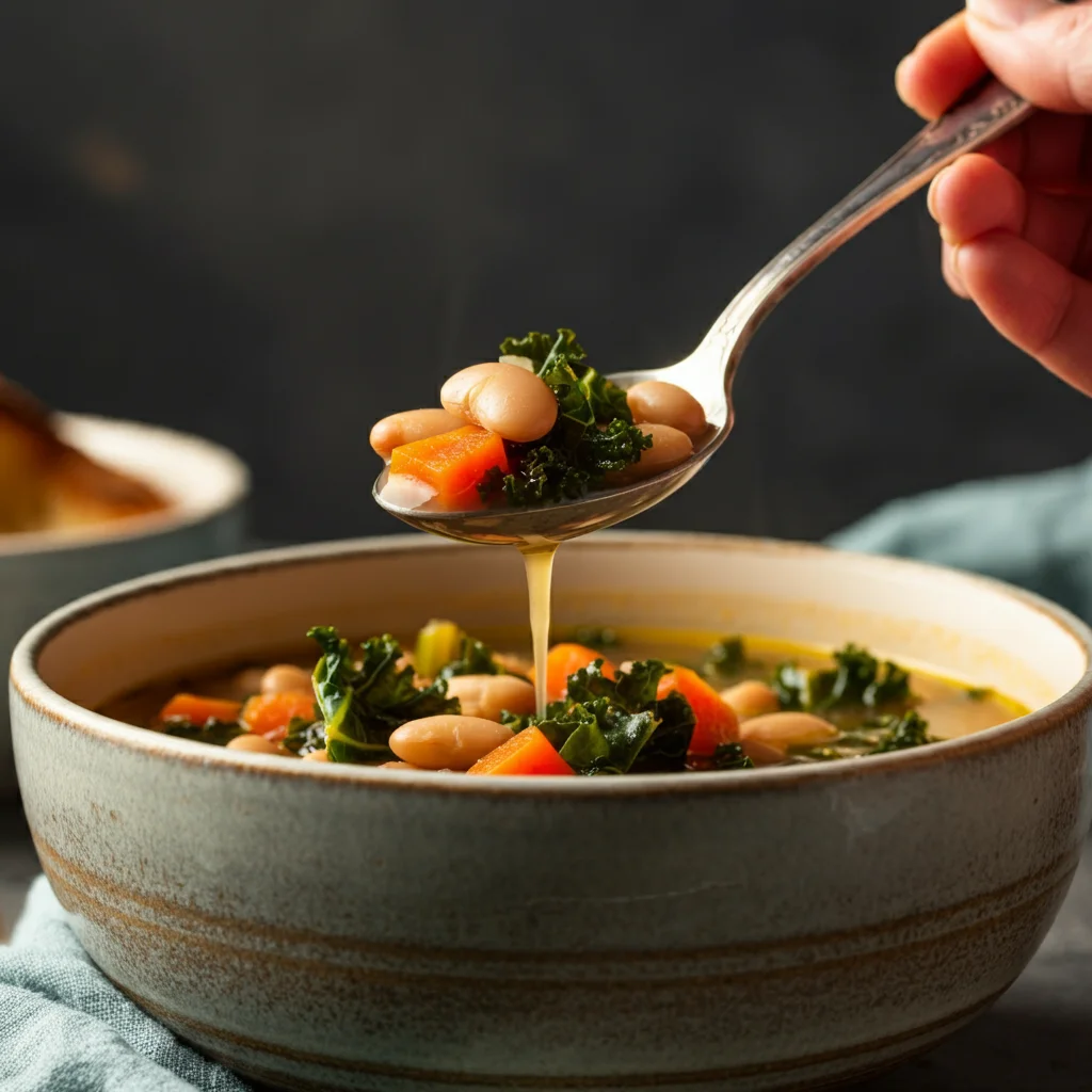 A rustic bowl of Weight Watchers Hearty Tuscan White Bean Soup filled with tender white beans, kale, diced carrots, and a creamy broth, topped with a sprinkle of parmesan cheese. A spoon is held above the bowl, showcasing a spoonful of soup, while a piece of crusty bread rests on the side, adding a cozy, homemade touch. The scene is set on a wooden table, creating a warm and inviting atmosphere.