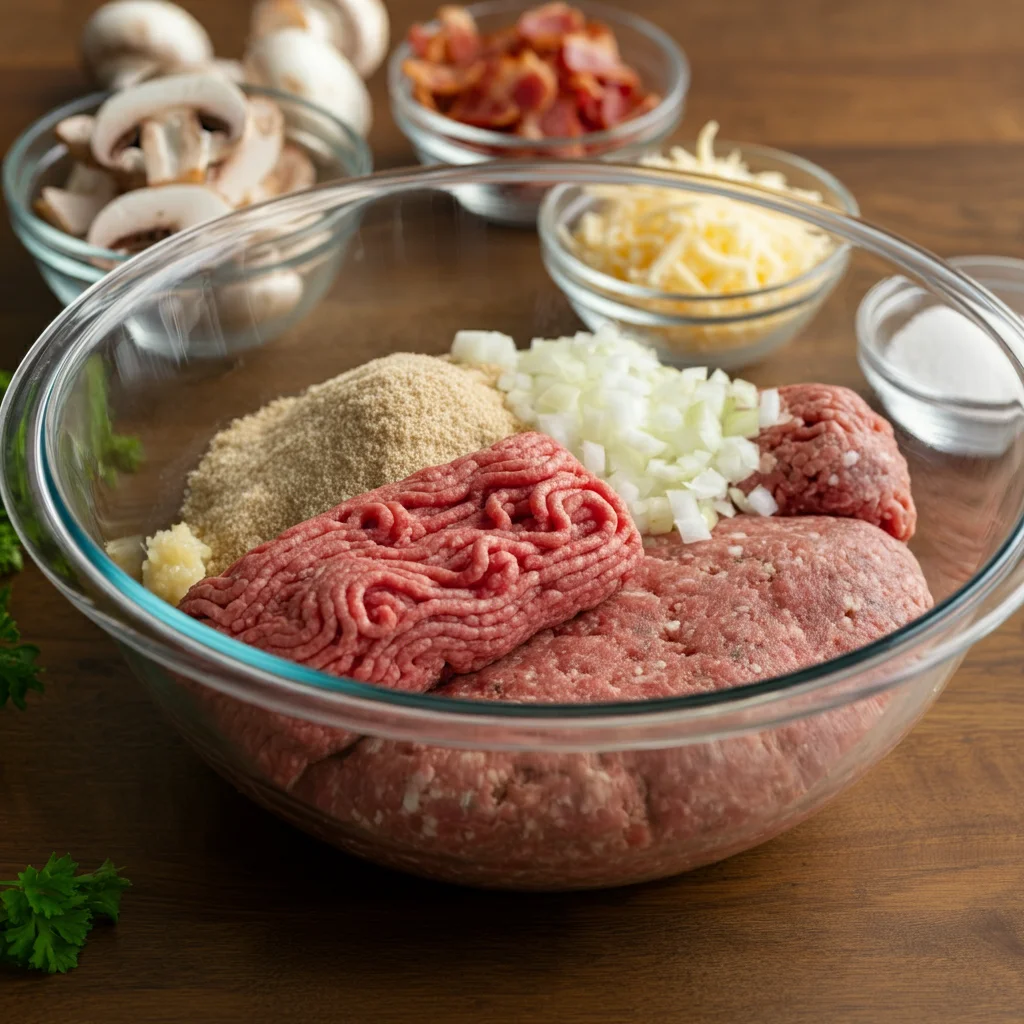 An overhead view of the ingredients for the WW Savory Mushroom Swiss Bacon Meatloaf combined in a large glass bowl, showing a mix of lean ground beef, turkey, finely chopped onions, minced garlic, whole wheat breadcrumbs, unsweetened almond milk, egg whites, Worcestershire sauce, salt, and black pepper. Smaller bowls with sliced mushrooms, turkey bacon, and shredded Swiss cheese surround the glass bowl, all set on a wooden kitchen countertop with warm natural lighting.