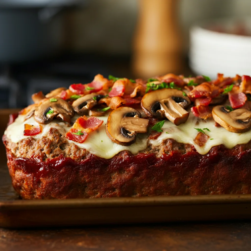 A side-angle shot of the compact WW Savory Mushroom Swiss Bacon Meatloaf on a baking tray, taken with a handheld mobile camera. The image focuses on the golden melted Swiss cheese, crispy turkey bacon, and sautéed mushrooms topping the meatloaf, with a cozy, blurred kitchen background to create an authentic home-cooked feel. The lighting is warm, highlighting the golden-brown edges and bubbling cheese on top.