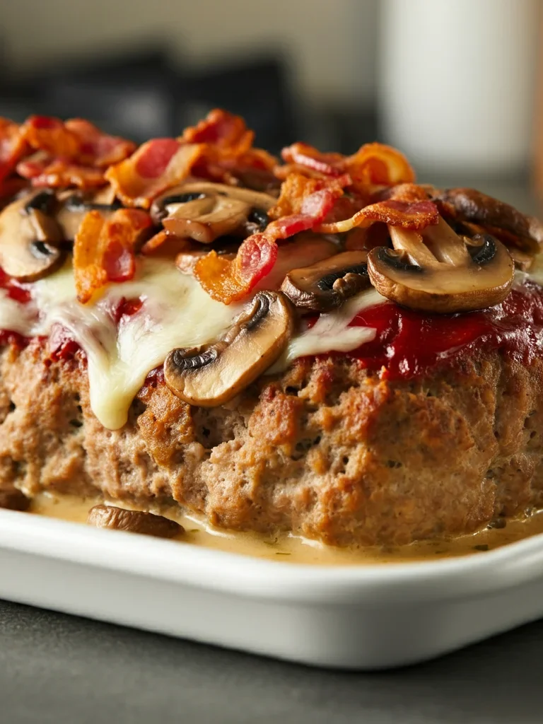 A freshly baked WW Savory Mushroom Swiss Bacon Meatloaf captured from a handheld mobile camera angle, showing the meatloaf on a rectangular baking tray. It’s topped with melted Swiss cheese, crispy turkey bacon pieces, and sautéed mushrooms, garnished with fresh parsley. The background is slightly blurred, with a cozy kitchen setting featuring warm, natural lighting, capturing a home-cooked, inviting atmosphere.