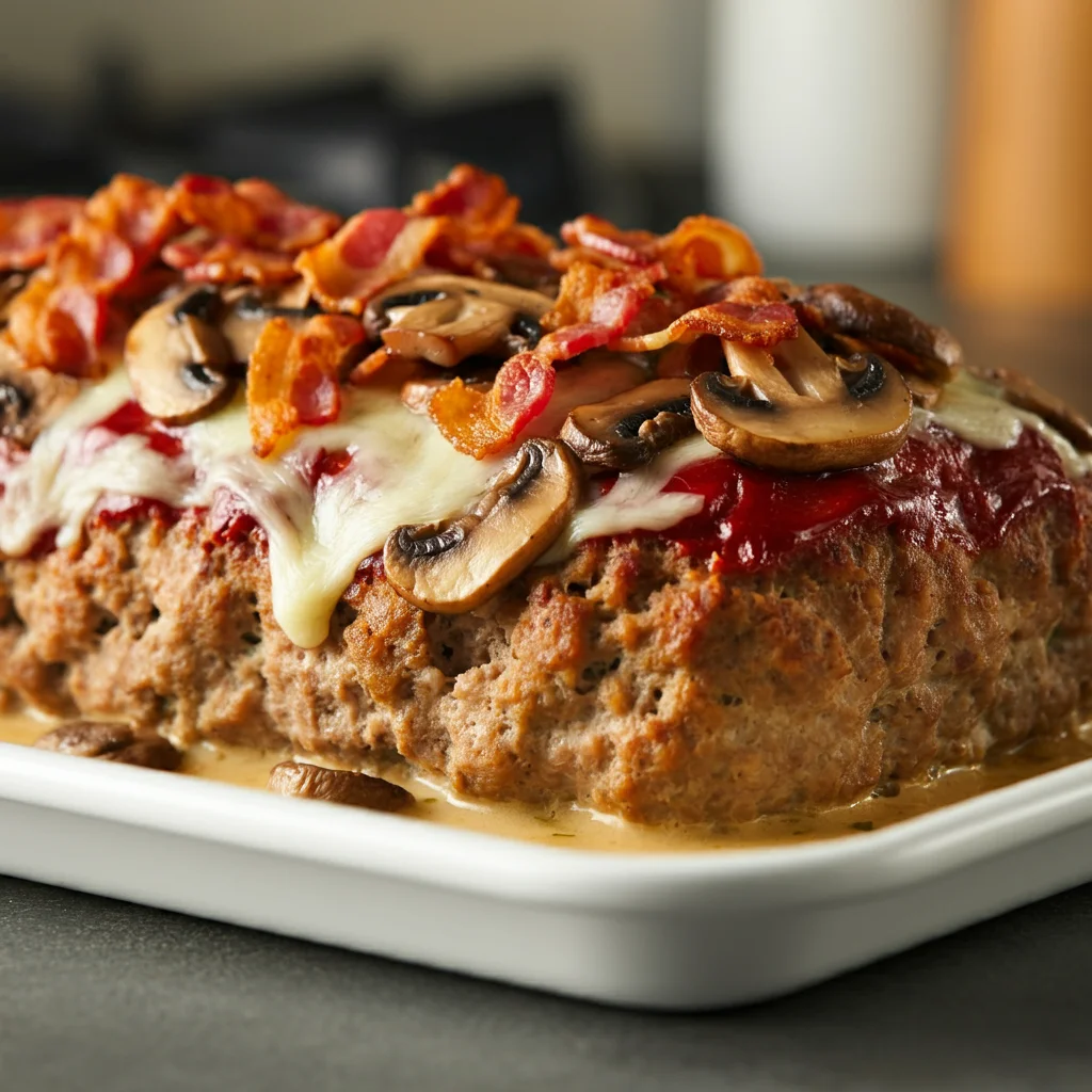 A freshly baked WW Savory Mushroom Swiss Bacon Meatloaf captured from a handheld mobile camera angle, showing the meatloaf on a rectangular baking tray. It’s topped with melted Swiss cheese, crispy turkey bacon pieces, and sautéed mushrooms, garnished with fresh parsley. The background is slightly blurred, with a cozy kitchen setting featuring warm, natural lighting, capturing a home-cooked, inviting atmosphere.