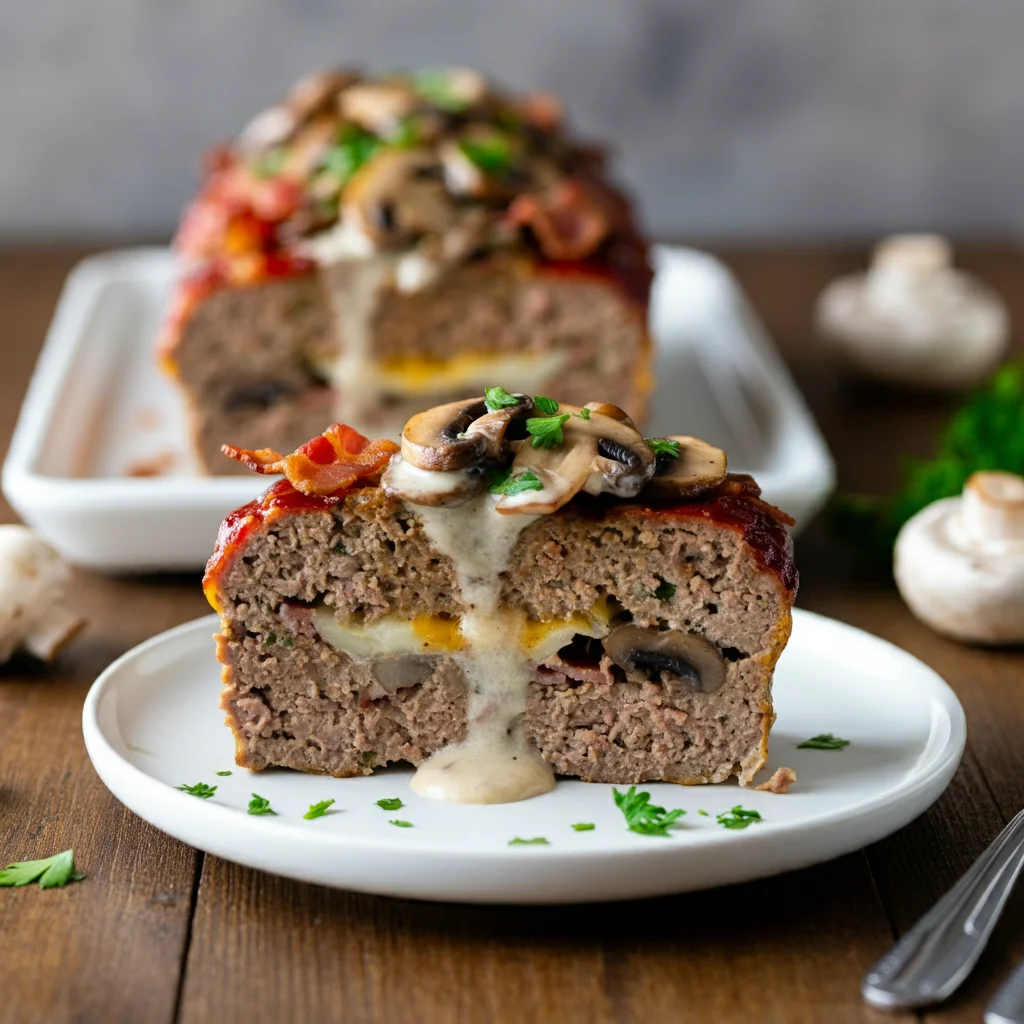 A professional-style image of a single, thick slice of WW Savory Mushroom Swiss Bacon Meatloaf placed on a white plate, showing the layers of lean meat, mushrooms, bacon, and melted Swiss cheese with a light, creamy sauce drizzled on top. The remaining meatloaf sits on a classy tray in the background, garnished with fresh parsley. The setup includes a rustic wooden table with soft, natural lighting, capturing a refined and elegant presentation.