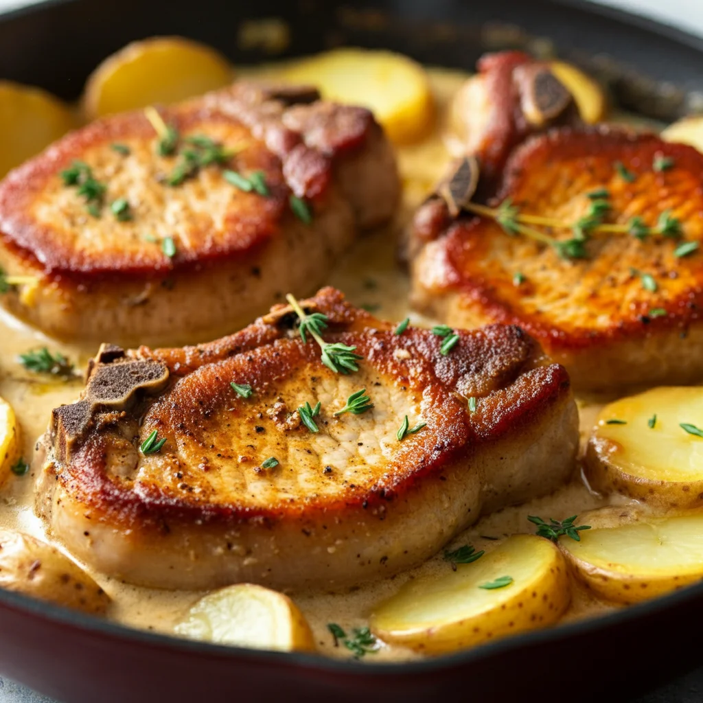 Garlic Pork Chops with Potato Bake. A perfectly cooked pork chop with a deep golden-brown sear, drizzled with creamy garlic sauce and garnished with fresh herbs. Served alongside cheesy potato slices, baked to a golden-brown finish with slightly crispy edges, all coated in a rich, glossy sauce. The pork chop and potatoes are displayed on a plate with a warm, inviting look, showing a professional, restaurant-quality presentation that highlights their juicy and flavorful appearance.