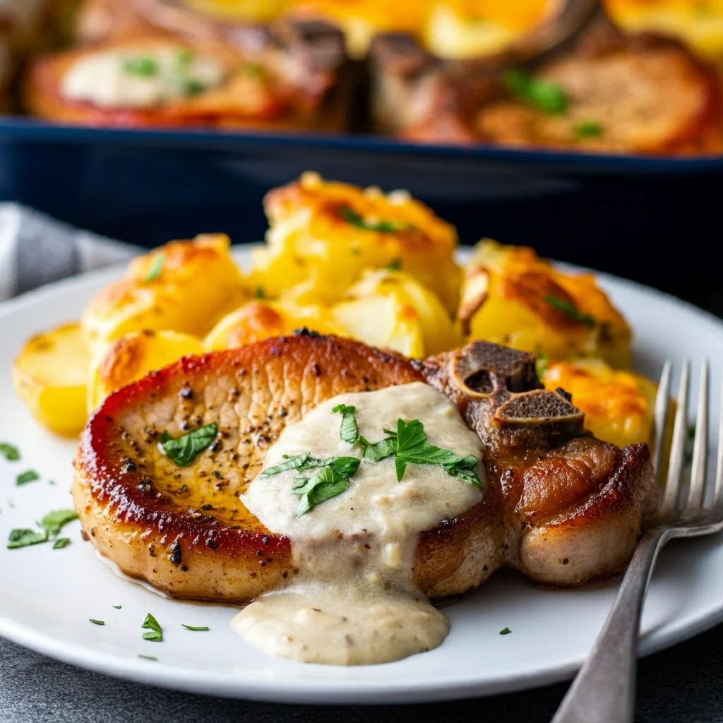 A perfectly cooked pork chop with a deep golden-brown sear, drizzled with creamy garlic sauce and garnished with fresh herbs. Served alongside cheesy potato slices, baked to a golden-brown finish with slightly crispy edges, all coated in a rich, glossy sauce. The pork chop and potatoes are displayed on a plate with a warm, inviting look, showing a professional, restaurant-quality presentation that highlights their juicy and flavorful appearance.