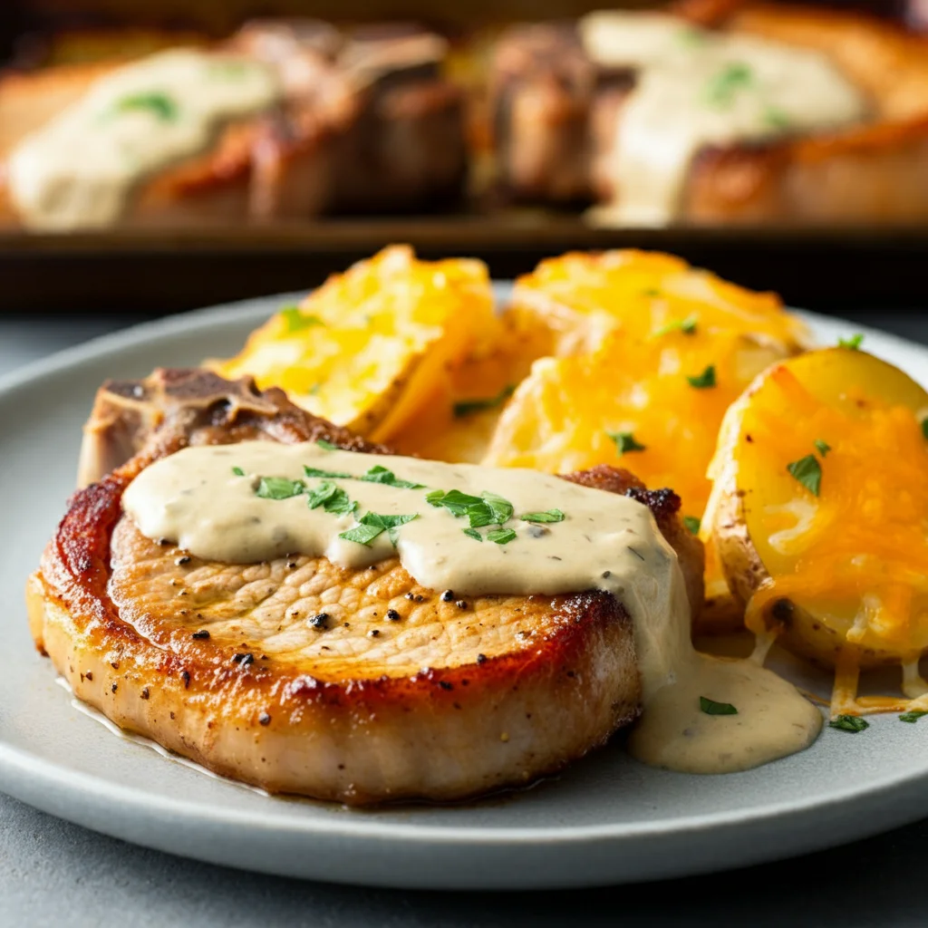 A perfectly cooked pork chop with a deep golden-brown sear, drizzled with creamy garlic sauce and garnished with fresh herbs. Served alongside cheesy potato slices, baked to a golden-brown finish with slightly crispy edges, all coated in a rich, glossy sauce. The pork chop and potatoes are displayed on a plate with a warm, inviting look, showing a professional, restaurant-quality presentation that highlights their juicy and flavorful appearance.