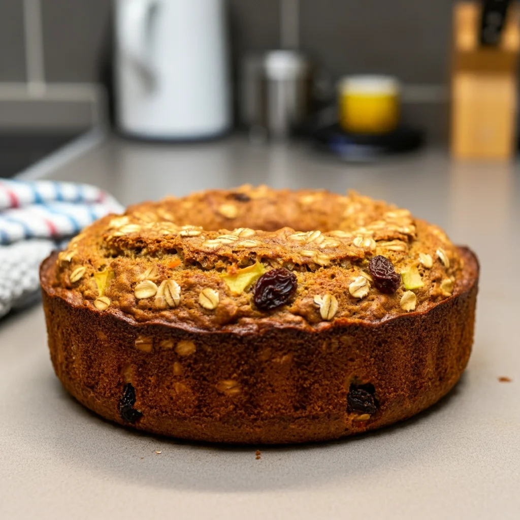 WW Low-Point Oatmeal, Apple-Carrot Cake with no added sugar, featuring a moist and flavorful slice with oats, grated carrots, and apples, baked to golden perfection.