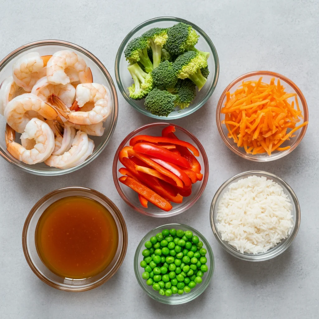 WW Low-Point Shrimp Stir-Fry with golden-brown shrimp, veggies, and rice, coated in a brown-orange sauce in a skillet.