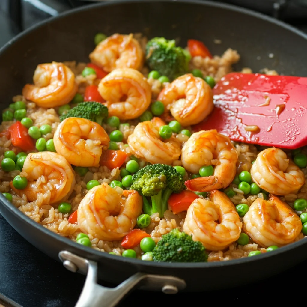 WW Low-Point Shrimp Stir-Fry with golden-brown shrimp, veggies, and rice, coated in a brown-orange sauce in a skillet.