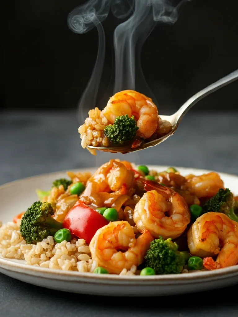 WW Low-Point Shrimp Stir-Fry with golden-brown shrimp, veggies, and rice, coated in a brown-orange sauce in a skillet.