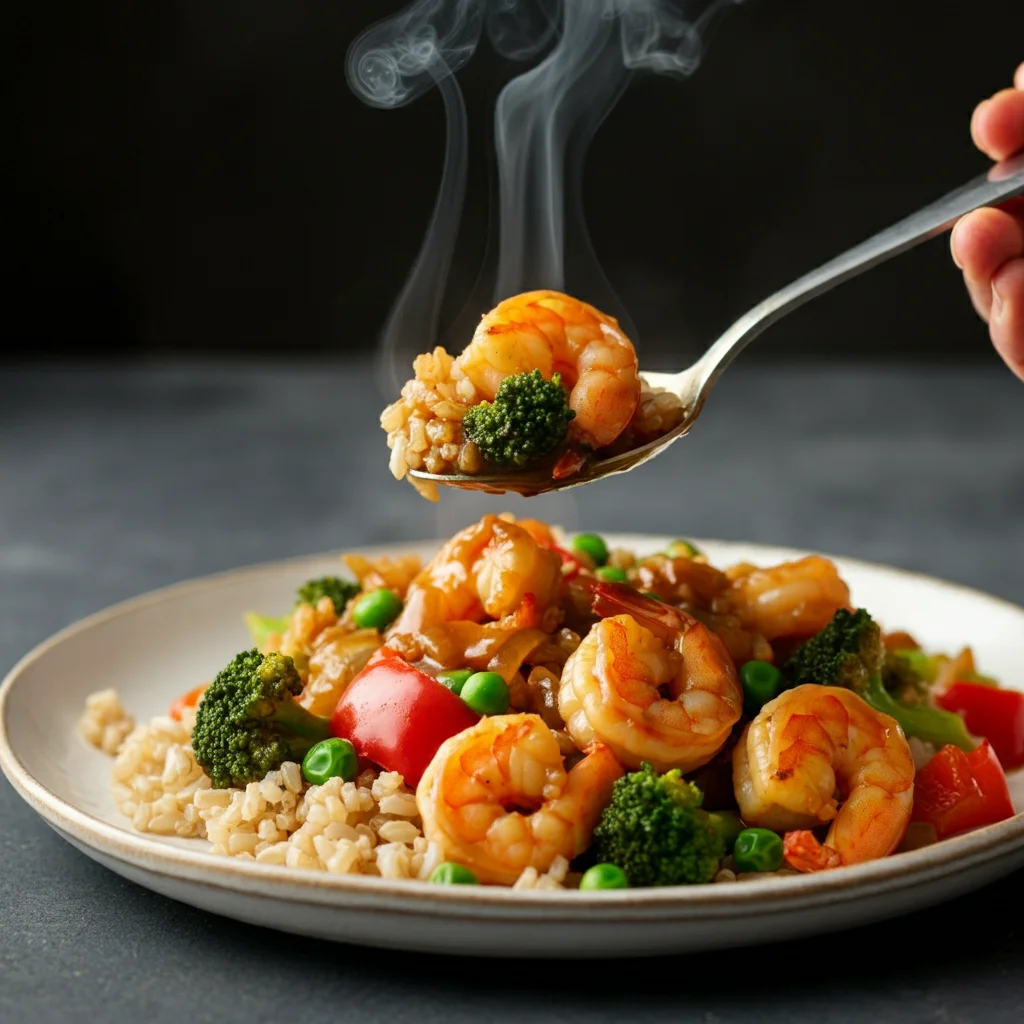 WW Low-Point Shrimp Stir-Fry with golden-brown shrimp, veggies, and rice, coated in a brown-orange sauce in a skillet.