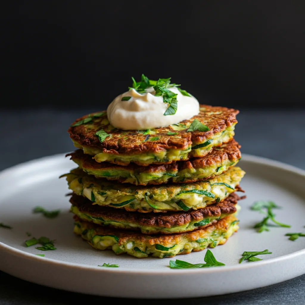 Golden, crispy keto zucchini fritters served with a selection of creamy, low-carb dips including garlic aioli, avocado lime, and tahini lemon, providing a savory and healthy option for anyone on a ketogenic diet.