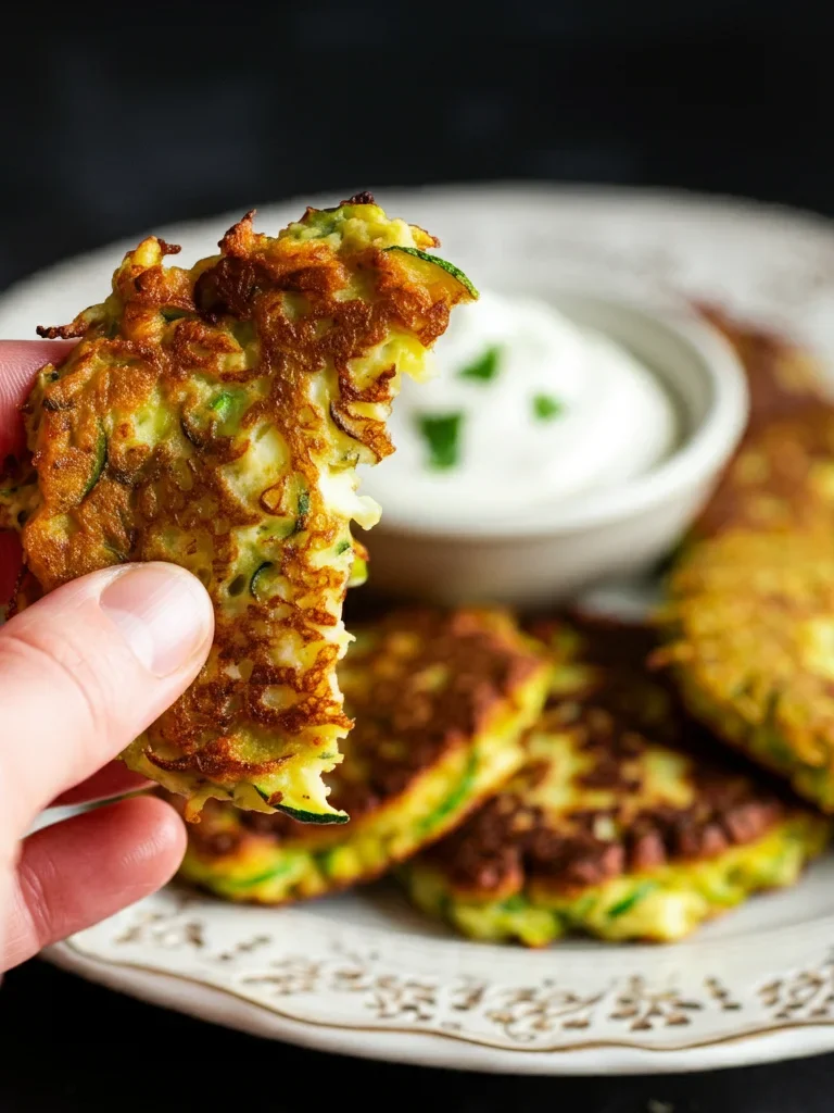 Golden, crispy keto zucchini fritters served with a selection of creamy, low-carb dips including garlic aioli, avocado lime, and tahini lemon, providing a savory and healthy option for anyone on a ketogenic diet.