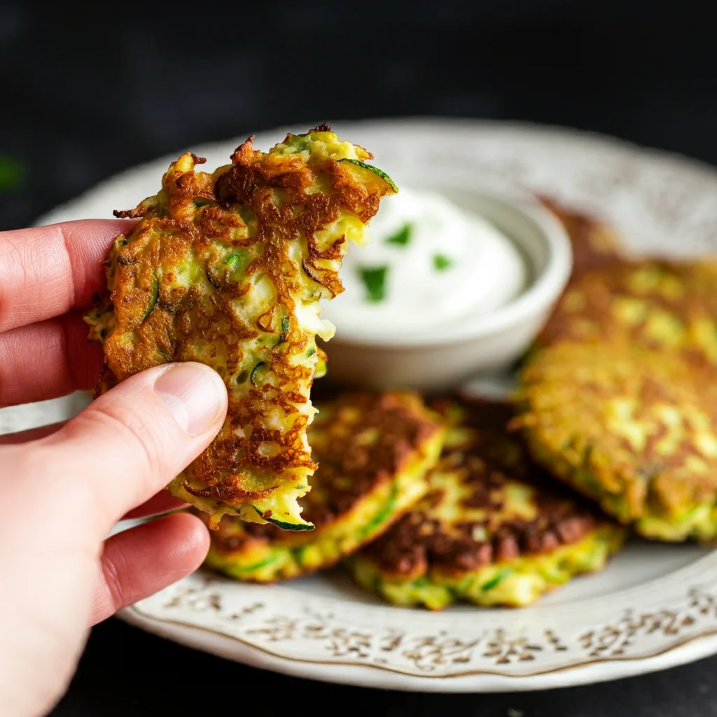 Golden, crispy keto zucchini fritters served with a selection of creamy, low-carb dips including garlic aioli, avocado lime, and tahini lemon, providing a savory and healthy option for anyone on a ketogenic diet.