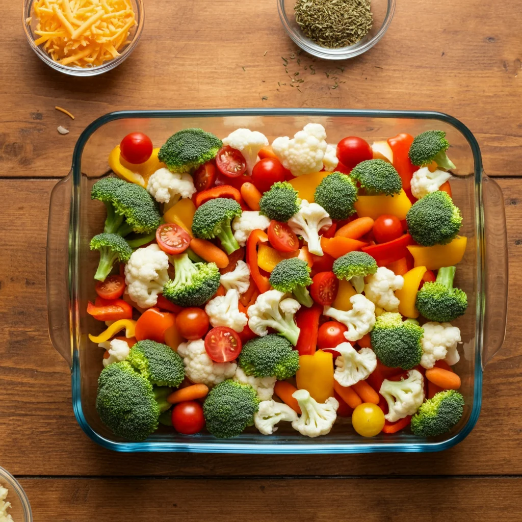 Overhead view of a glass baking dish filled with fresh, vibrant vegetables, including broccoli florets, cauliflower, sliced baby carrots, diced red, yellow, and green bell peppers, and halved cherry tomatoes, arranged for a Weight Watchers Low-Calorie Vegetable Casserole. Small clear bowls of shredded cheddar cheese, panko breadcrumbs, minced garlic, and diced onions are placed around the dish on a rustic wooden countertop, capturing a home-cooked, meal-prep atmosphere with natural lighting.