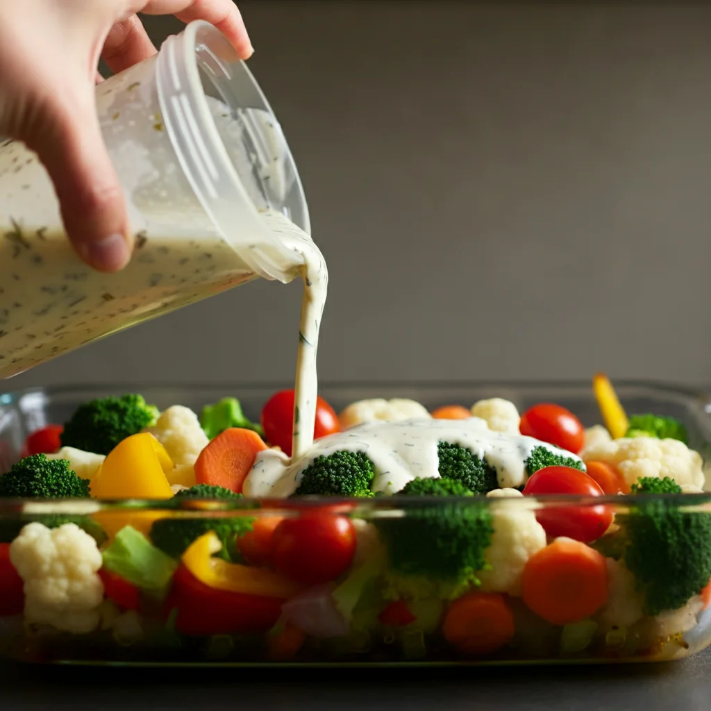 Overhead view of a glass baking dish filled with fresh, vibrant vegetables, including broccoli florets, cauliflower, sliced baby carrots, diced red, yellow, and green bell peppers, and halved cherry tomatoes, arranged for a Weight Watchers Low-Calorie Vegetable Casserole. Small clear bowls of shredded cheddar cheese, panko breadcrumbs, minced garlic, and diced onions are placed around the dish on a rustic wooden countertop, capturing a home-cooked, meal-prep atmosphere with natural lighting.