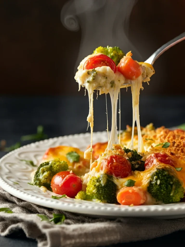 WW Low-Calorie Vegetable Casserole. Overhead view of a glass baking dish filled with fresh, vibrant vegetables, including broccoli florets, cauliflower, sliced baby carrots, diced red, yellow, and green bell peppers, and halved cherry tomatoes, arranged for a Weight Watchers Low-Calorie Vegetable Casserole. Small clear bowls of shredded cheddar cheese, panko breadcrumbs, minced garlic, and diced onions are placed around the dish on a rustic wooden countertop, capturing a home-cooked, meal-prep atmosphere with natural lighting.