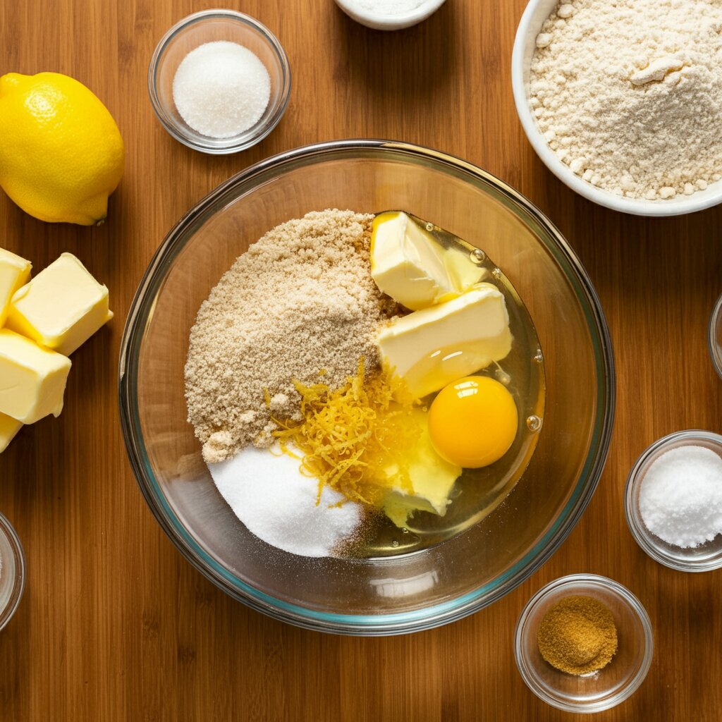 Keto Soft lemon cookies A glass bowl with keto soft lemon cookie ingredients—almond flour, butter, egg, lemon zest, and erythritol—partially mixed, surrounded by smaller bowls of individual ingredients on a rustic wooden countertop with soft natural light.