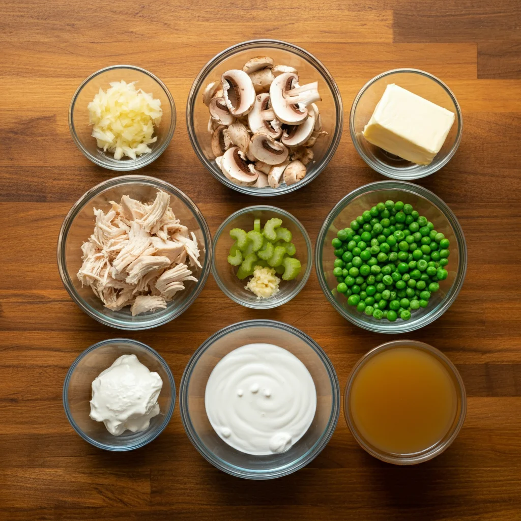 Keto Creamy Low-Carb Chicken Pot Pie Soup Recipe Overhead shot of ingredients for Keto Creamy Low-Carb Chicken Pot Pie Soup in small glass bowls on a rustic wooden surface, with sunlight reflections.