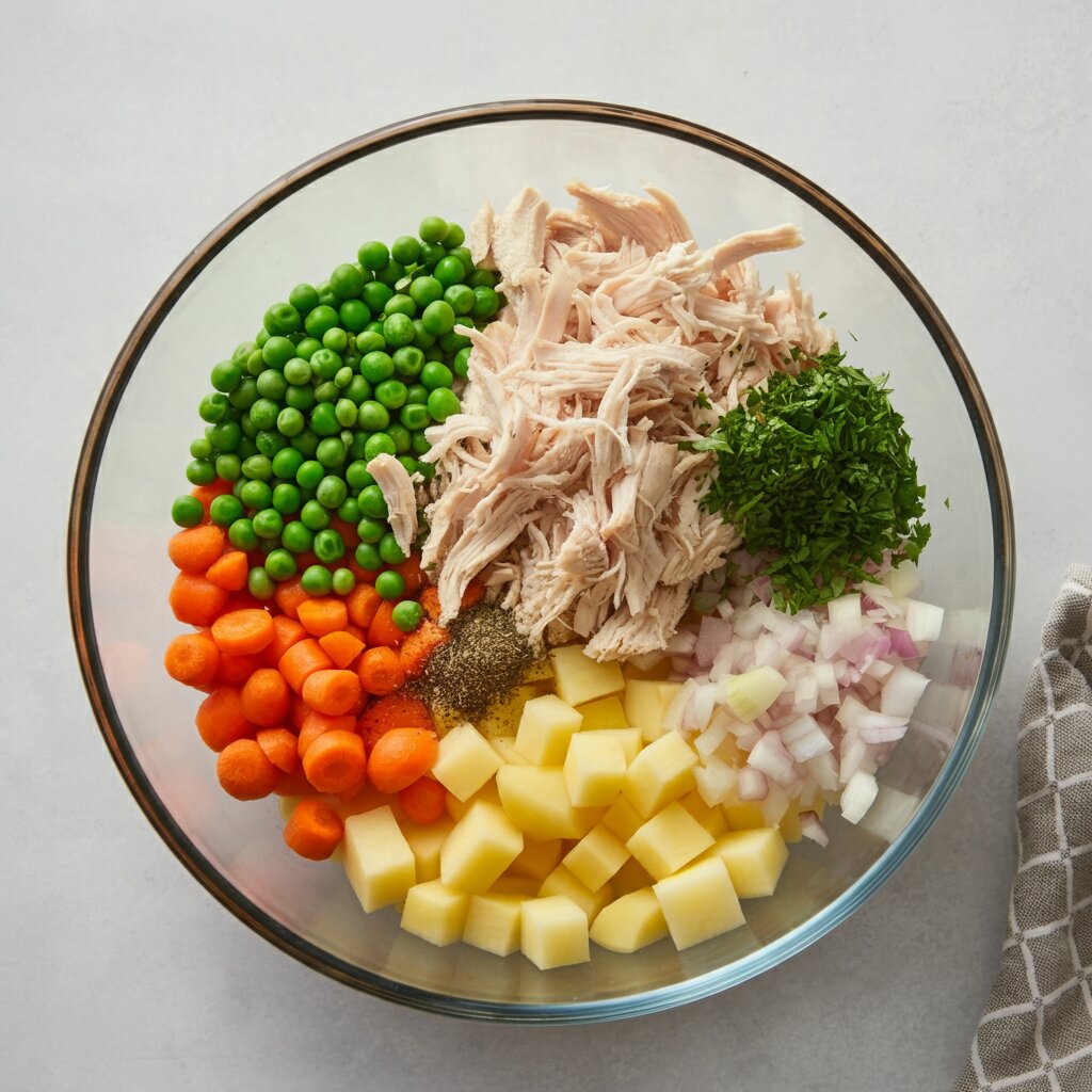 WW Chicken and Dumpling Soup Top-down view of fresh ingredients for chicken and dumpling soup in a glass bowl, including diced vegetables, chicken, and herbs on a kitchen counter.