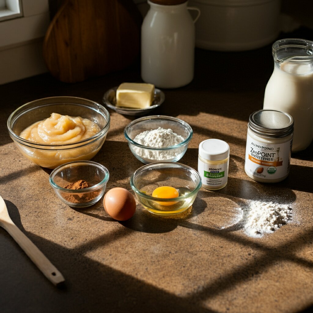 Lightened Up Coffee Cake Ingredients for Lightened Up Coffee Cake in small glass bowls on a rustic kitchen counter with natural light.