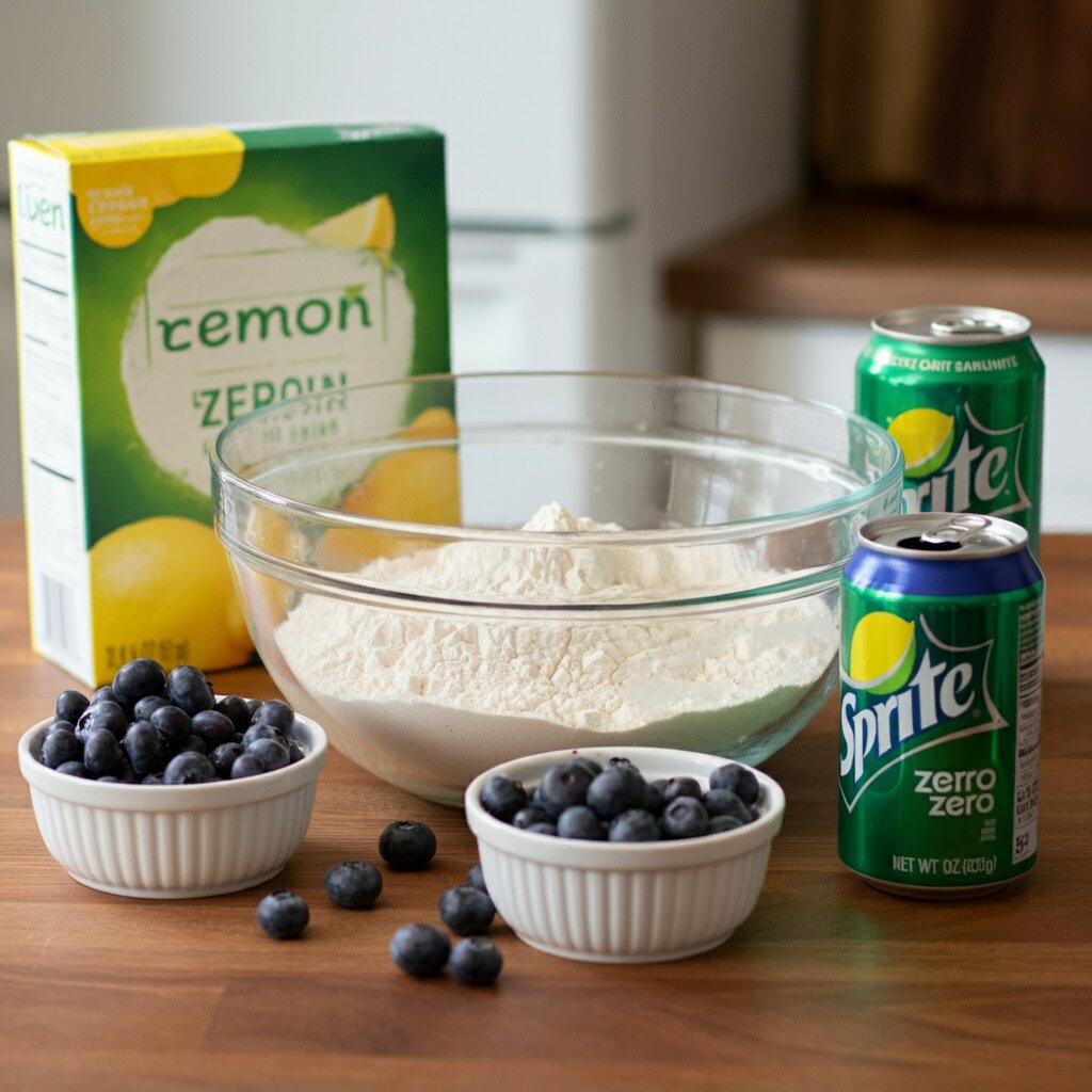 Lemon Blueberry Donuts – 1 WW SmartPoint Recipe Glass bowl with lemon cake mix, Sprite Zero, and fresh blueberries on a wooden countertop.