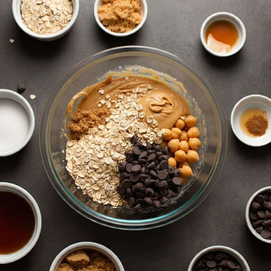 3 Points WW Cookie Dough Dip Glass bowl with half-mixed cookie dough dip ingredients: peanut butter, oats, chickpeas. Small bowls of chocolate chips, brown sugar, and vanilla scattered around a cozy kitchen counter.