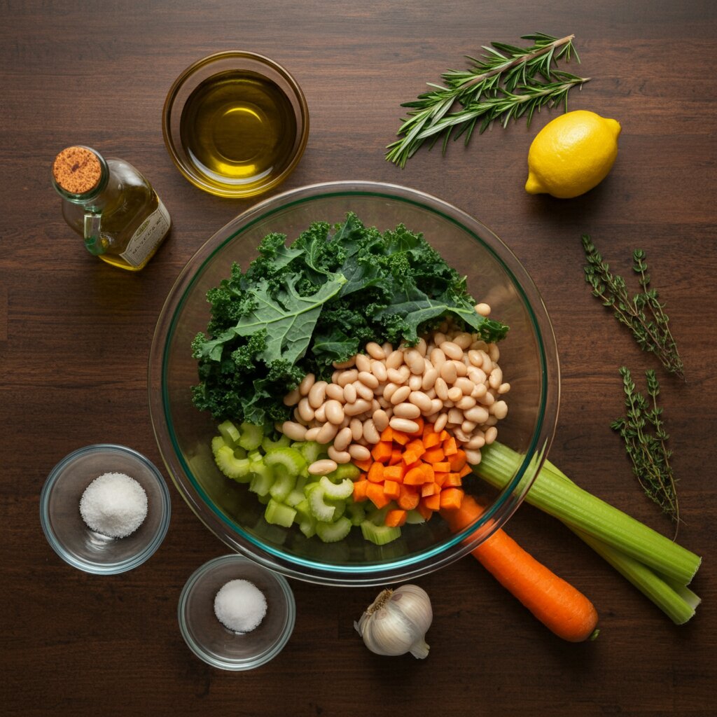 WW White Bean and Kale Soup Top view of white bean and kale soup ingredients in a glass bowl, surrounded by small bowls of olive oil, spices, and lemon on a rustic countertop.