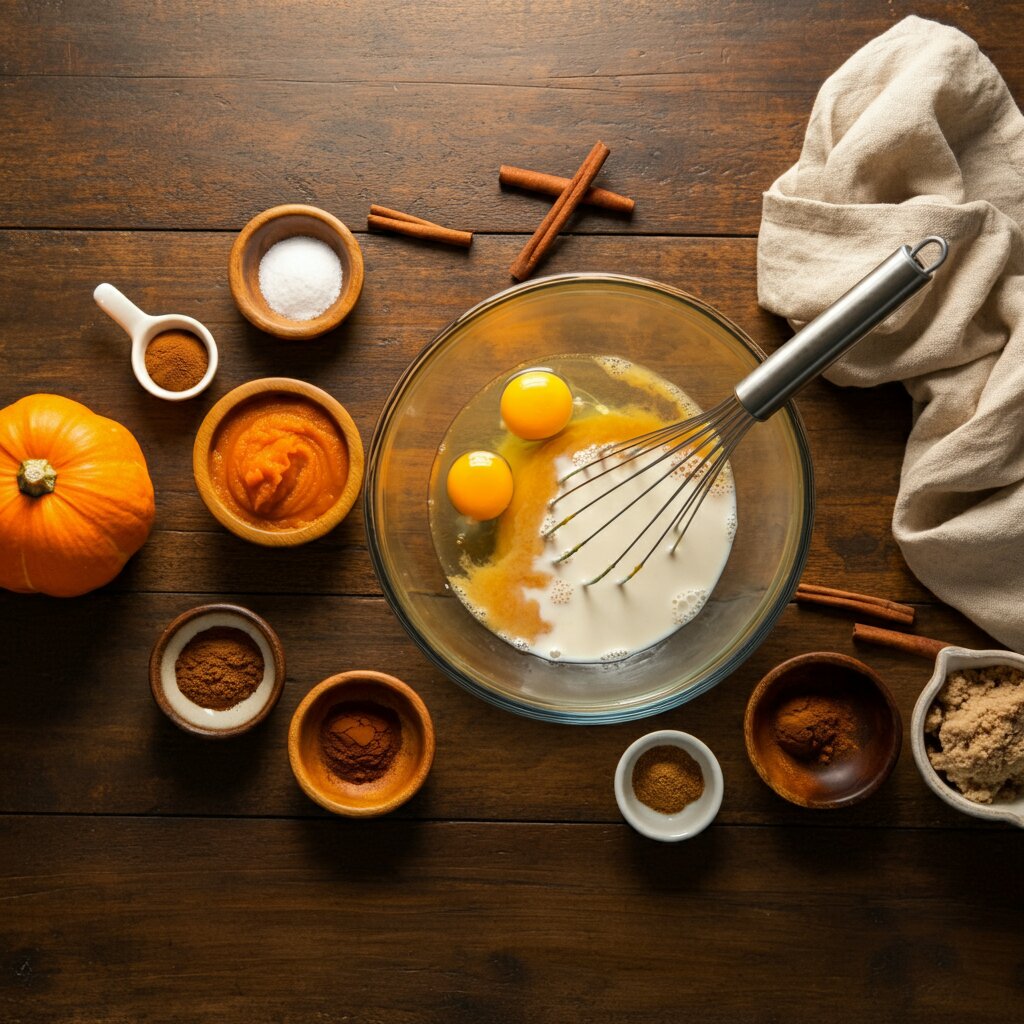 1 Point Crustless Pumpkin Pie Crustless pumpkin pie ingredients in a glass bowl, surrounded by small bowls of spices and sweetener on a wooden table.