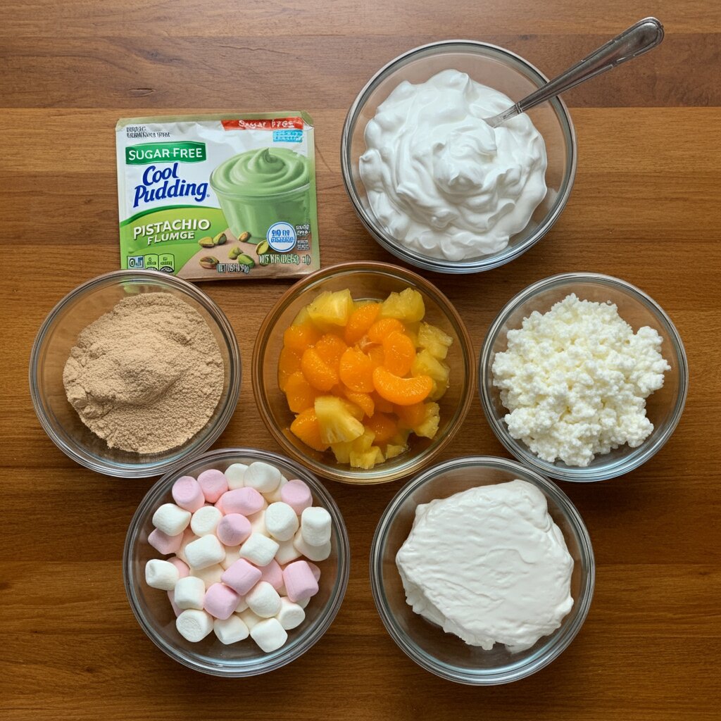 No-Sugar Pistachio Fluff with Pineapple and Mandarin Oranges Overhead view of pistachio fluff ingredients, including Cool Whip, pineapple, oranges, and marshmallows, in a glass bowl on a wooden counter.