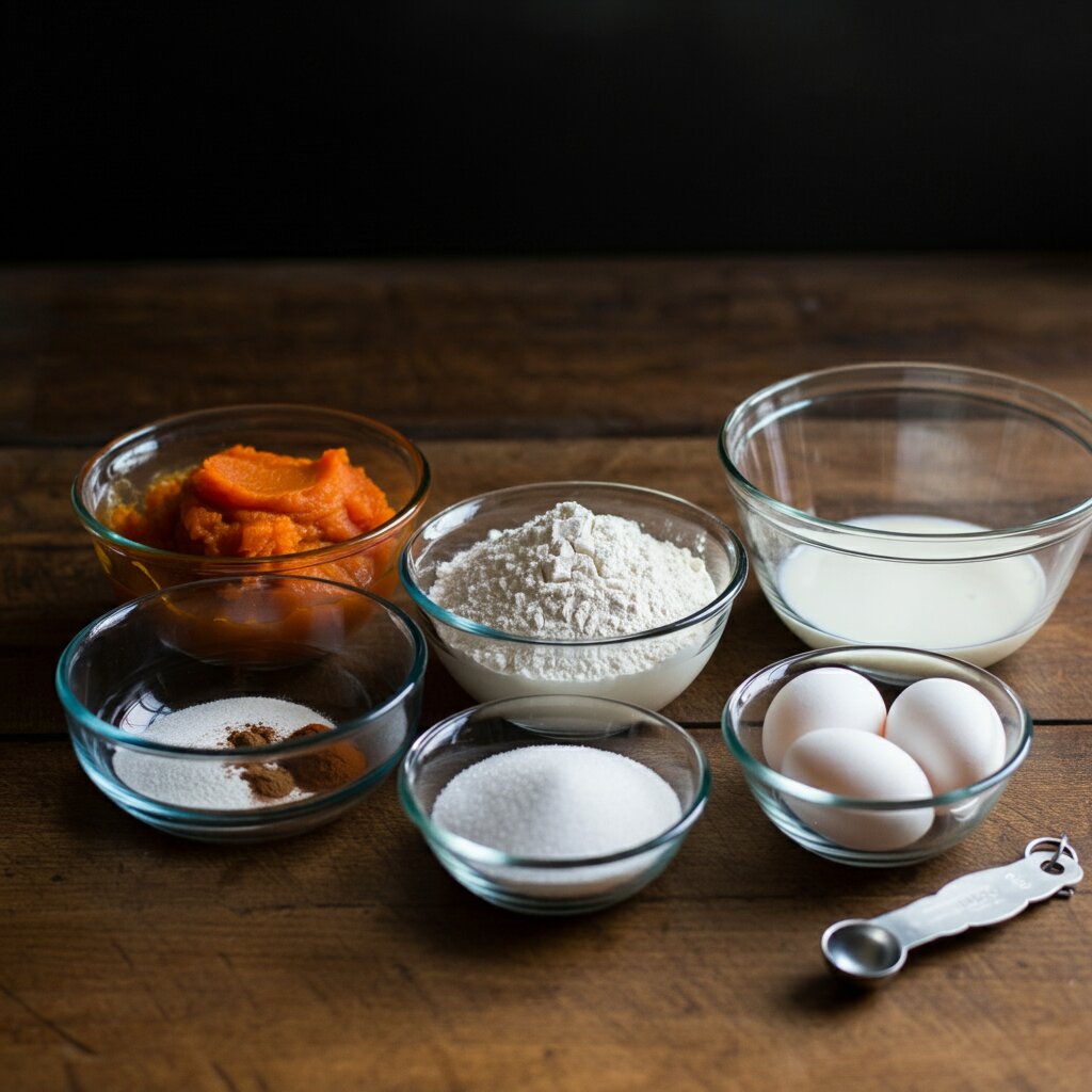 Pumpkin Cream Cheese Muffins Small glass bowls with pumpkin cream cheese muffin ingredients on a rustic wooden counter.