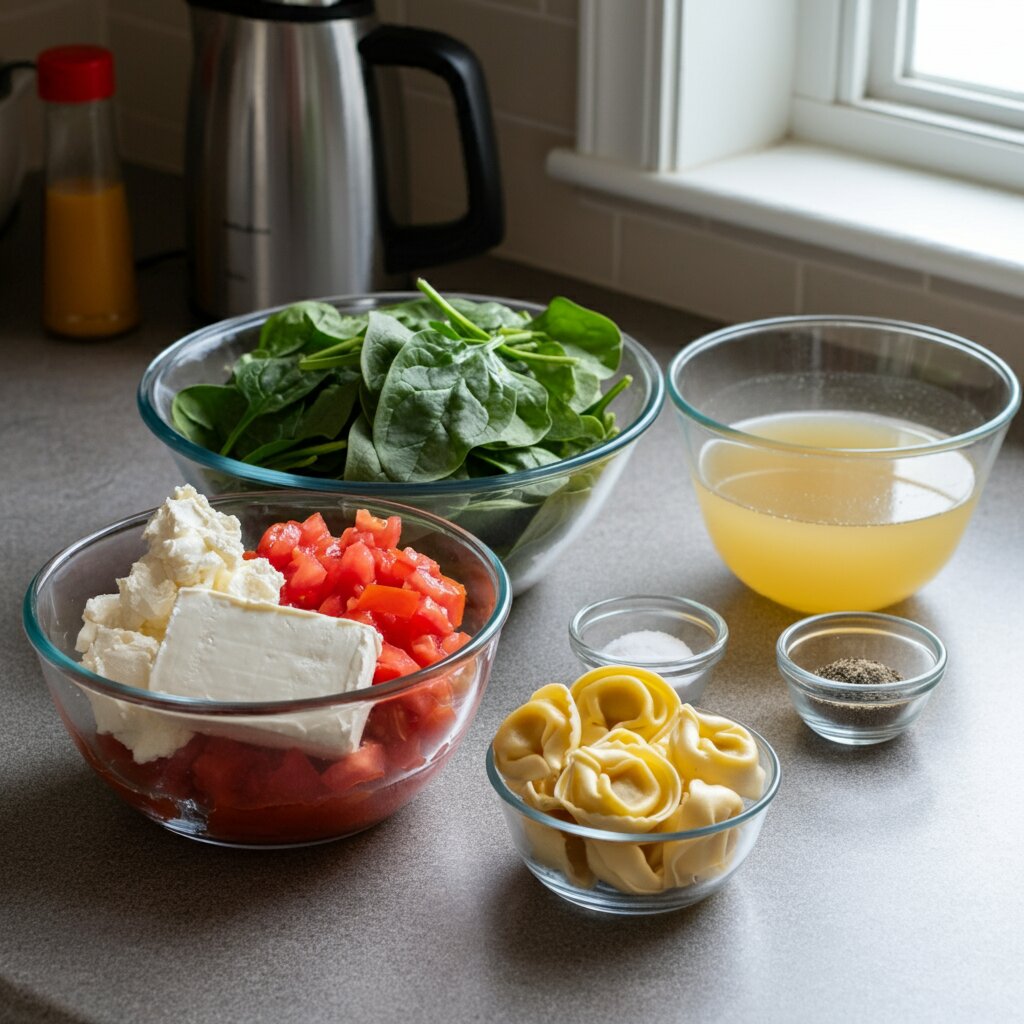 Creamy Weight Watchers Tortellini Soup Small bowls with fresh spinach, cheese tortellini, diced tomatoes, and fat-free cream cheese on a kitchen counter, prepped for tortellini soup.