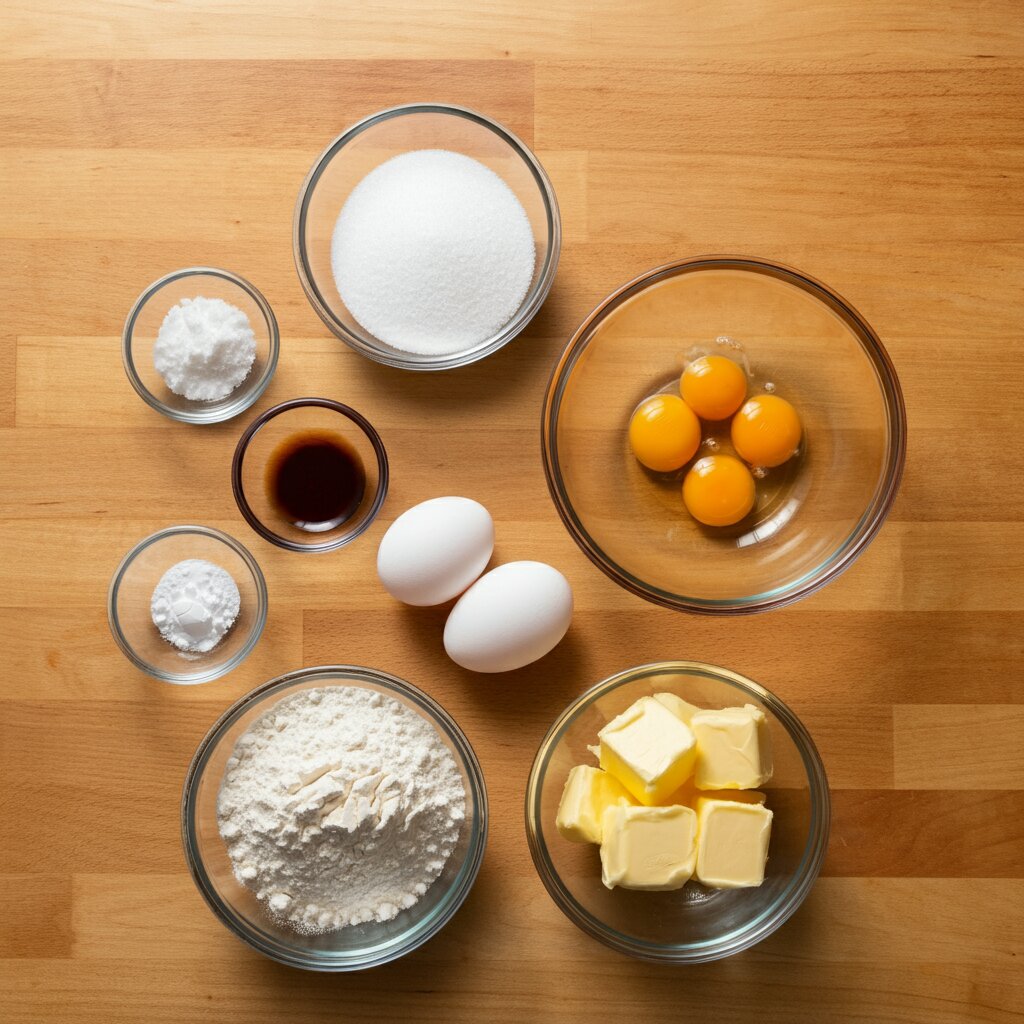 Keto Almond Milk Castella Cake Ingredients for pound cake, including flour, sugar, eggs, butter, and vanilla extract, arranged in a glass bowl on a white countertop in a well-lit kitchen.