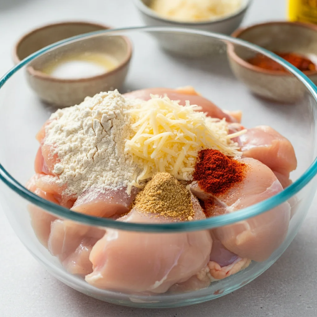 Keto Air Fryer Naked Chicken Tenders Ingredients for keto chicken tenders, including raw chicken, almond flour, Parmesan, garlic powder, salt, and paprika, mixed in a glass bowl on a kitchen counter with natural light.