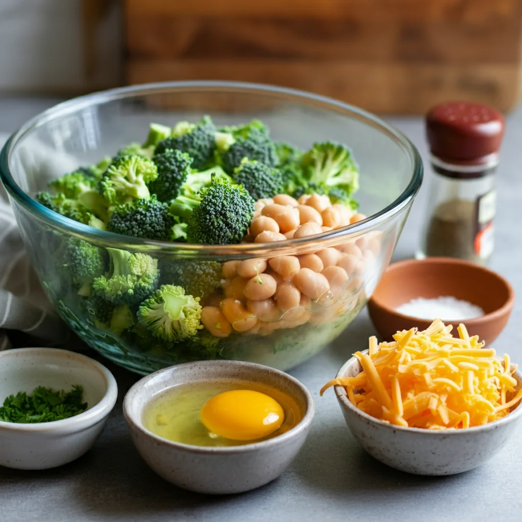 Baked Broccoli-Cheese Fritters Ingredients for Broccoli-Cheese Fritters in a glass bowl: chopped broccoli, cannellini beans, cheese, and egg, with seasonings nearby.