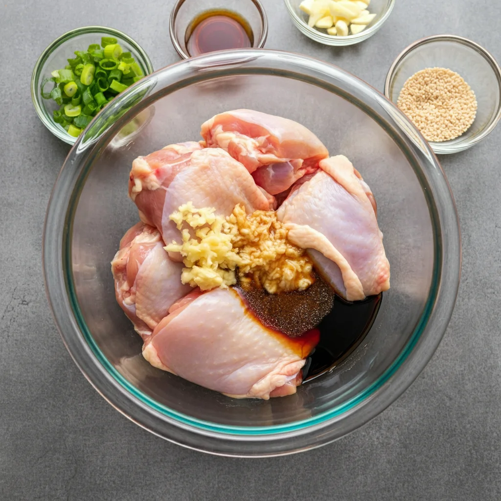 Keto Hawaiian Style Teriyaki Chicken Glass bowl with raw chicken, garlic, ginger, and soy sauce mixture for Keto Hawaiian-Style Teriyaki Chicken. Small bowls of green onions, sesame seeds, and pineapple extract nearby.