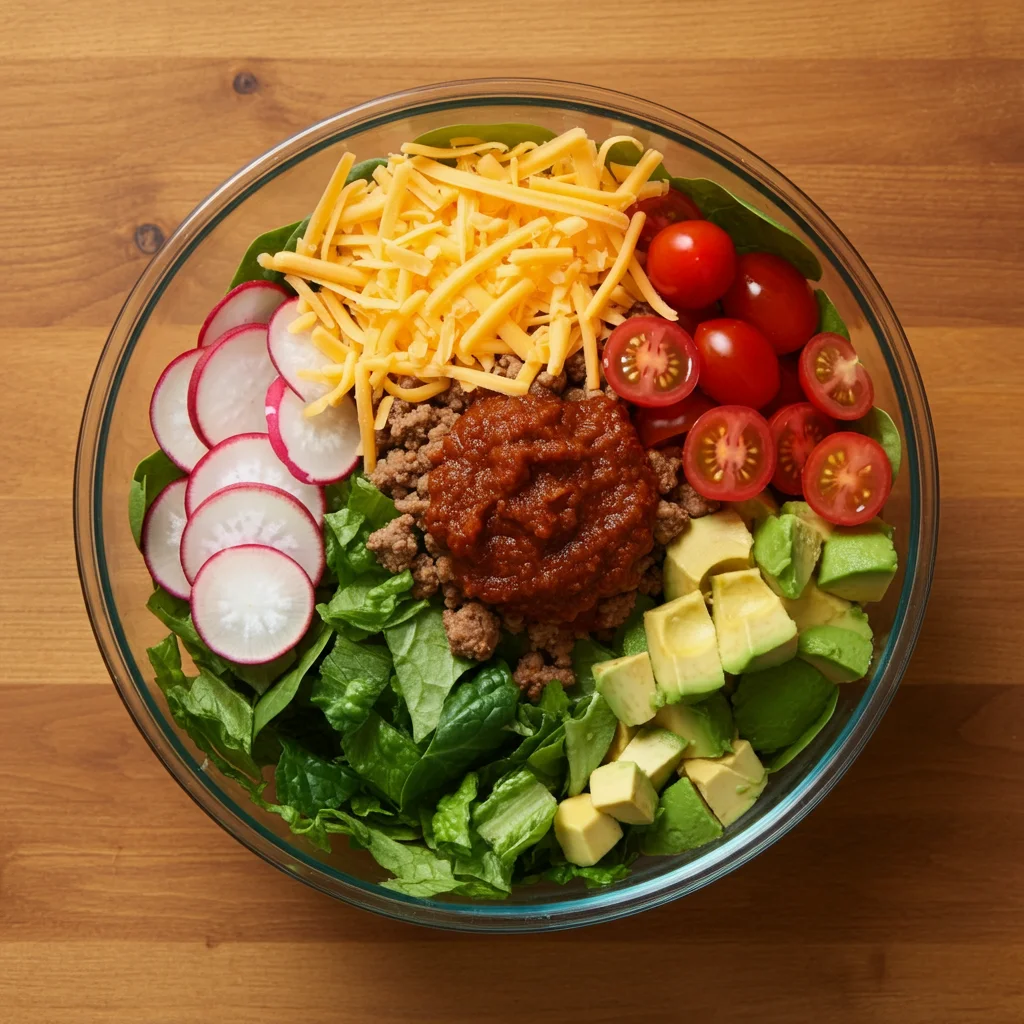 Keto Taco Salad Glass bowl with Keto Taco Salad ingredients: greens, tomatoes, avocado, cheese, and taco meat