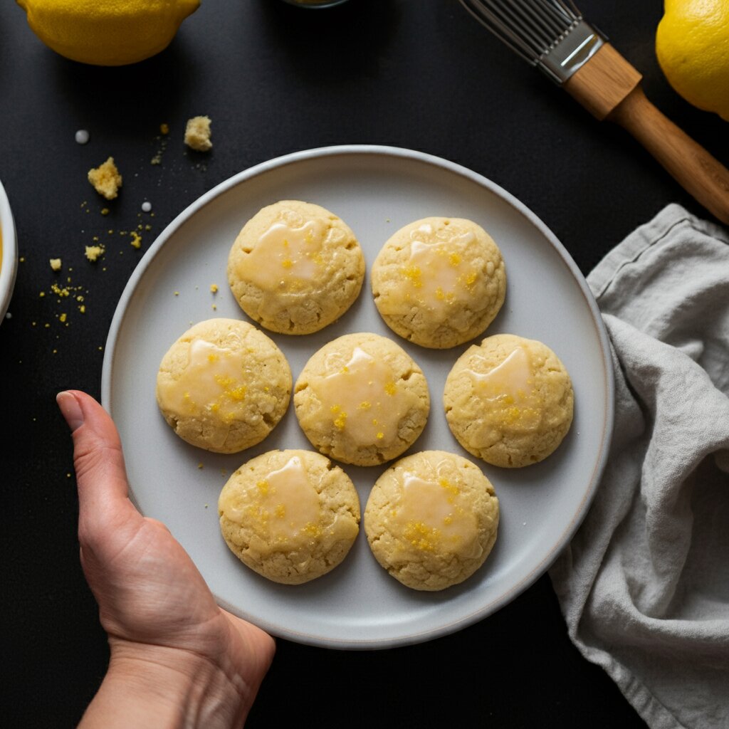 Keto Soft lemon cookies An overhead shot of golden keto soft lemon cookies on a plate, taken by a novice with a mobile camera, featuring a shiny lemon drizzle and crumbs, with a blurred kitchen background and warm lighting.