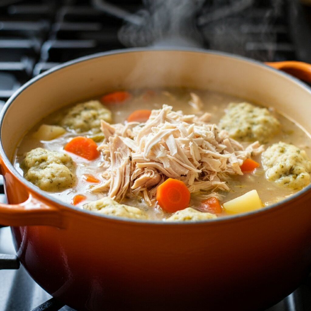 WW Chicken and Dumpling Soup Handheld shot of chicken and dumpling soup in a pot with chicken, vegetables, and dumplings floating in steaming broth