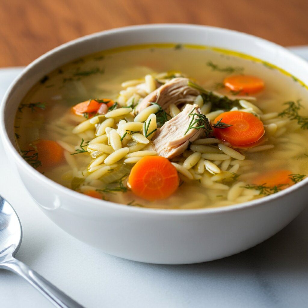 WW Chicken Orzo Soup Recipe Casual handheld shot of WW Chicken Orzo Soup in a bowl, featuring orzo, chicken, carrots, and dill in broth, with soft natural lighting.