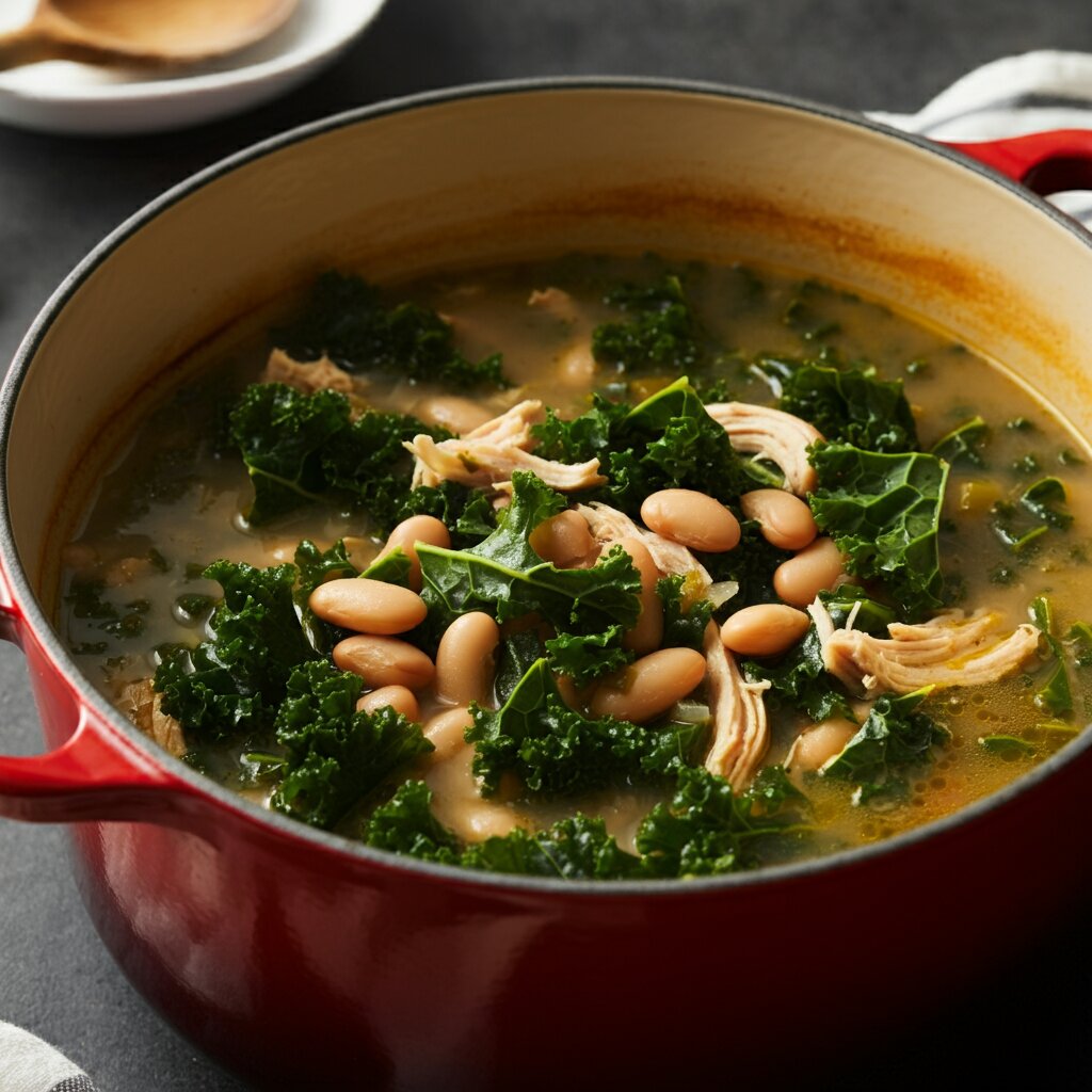 WW White Bean and Kale Soup Casual mobile shot of white bean and kale soup in a pot, showing creamy broth with beans, kale, and chicken under soft lighting.