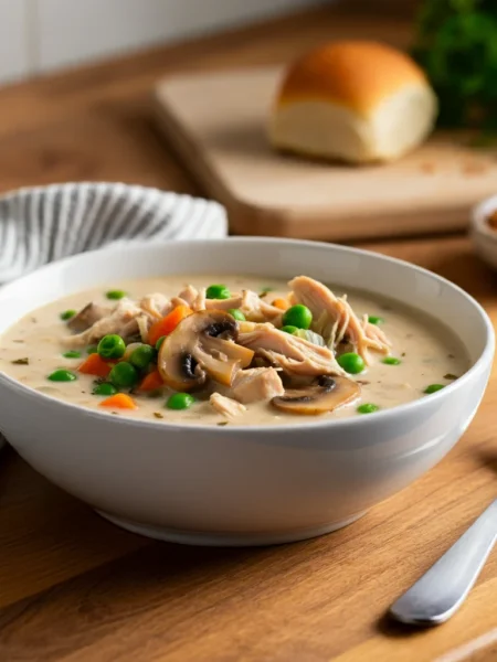 Keto Creamy Low-Carb Chicken Pot Pie Soup Recipe Casual handheld shot of Keto Creamy Low-Carb Chicken Pot Pie Soup in a white bowl on a cluttered kitchen counter, emphasizing an authentic home-cooked feel.