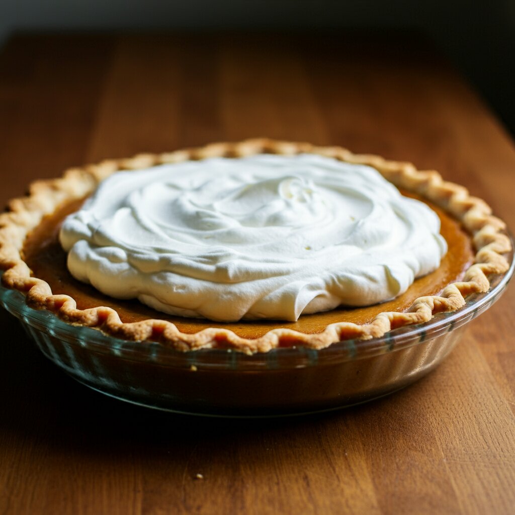 1 Point Crustless Pumpkin Pie Baked crustless pumpkin pie with whipped cream in a glass dish, photographed casually on a wooden table.