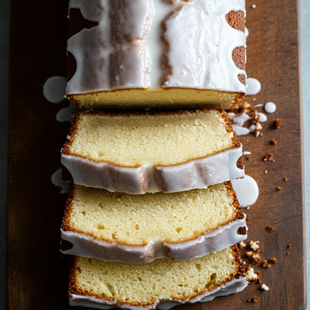 Keto Almond Milk Castella CakeHandheld photo of a pound cake with white icing, placed on a wooden board with slices partially cut. The background shows a blurred kitchen, and the lighting is warm.