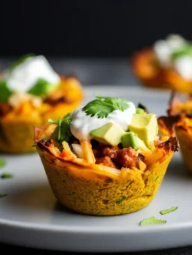 Keto Zesty Chili Lime Taco Cups Close-up of Keto Zesty Chili Lime Taco Cups, with one tipped over, and a hand casting a shadow on the plate in a casual kitchen scene.