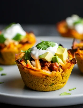 Keto Zesty Chili Lime Taco Cups Close-up of Keto Zesty Chili Lime Taco Cups, with one tipped over, and a hand casting a shadow on the plate in a casual kitchen scene.