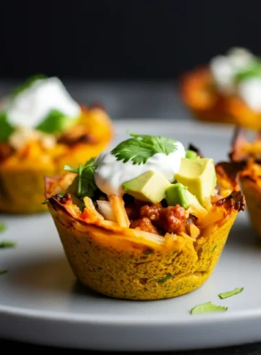 Keto Zesty Chili Lime Taco Cups Close-up of Keto Zesty Chili Lime Taco Cups, with one tipped over, and a hand casting a shadow on the plate in a casual kitchen scene.