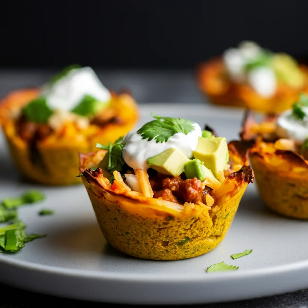 Keto Zesty Chili Lime Taco Cups Close-up of Keto Zesty Chili Lime Taco Cups, with one tipped over, and a hand casting a shadow on the plate in a casual kitchen scene.