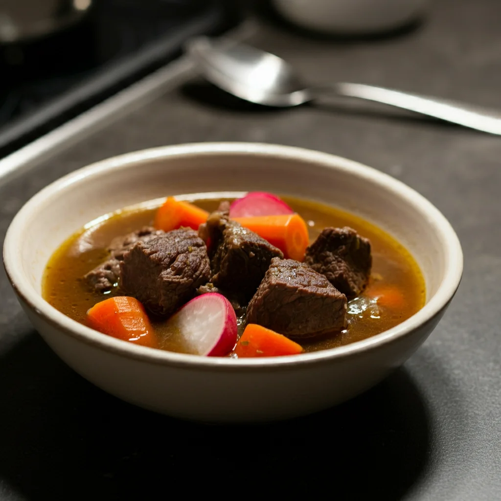 Keto Beef Stew Close-up of keto beef stew in a white bowl, showcasing tender beef and vegetables in a thick broth, taken from a slight angle with a spoon beside it.